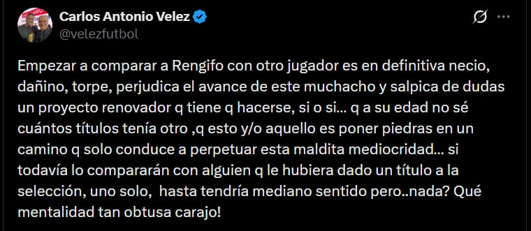 Carlos Antonio Vélez afirmó que no hay espacio para comparar a Juan Manuel Rengifo con Jame Rodríguez en la selección Colombia - crédito @velezfutbol/X