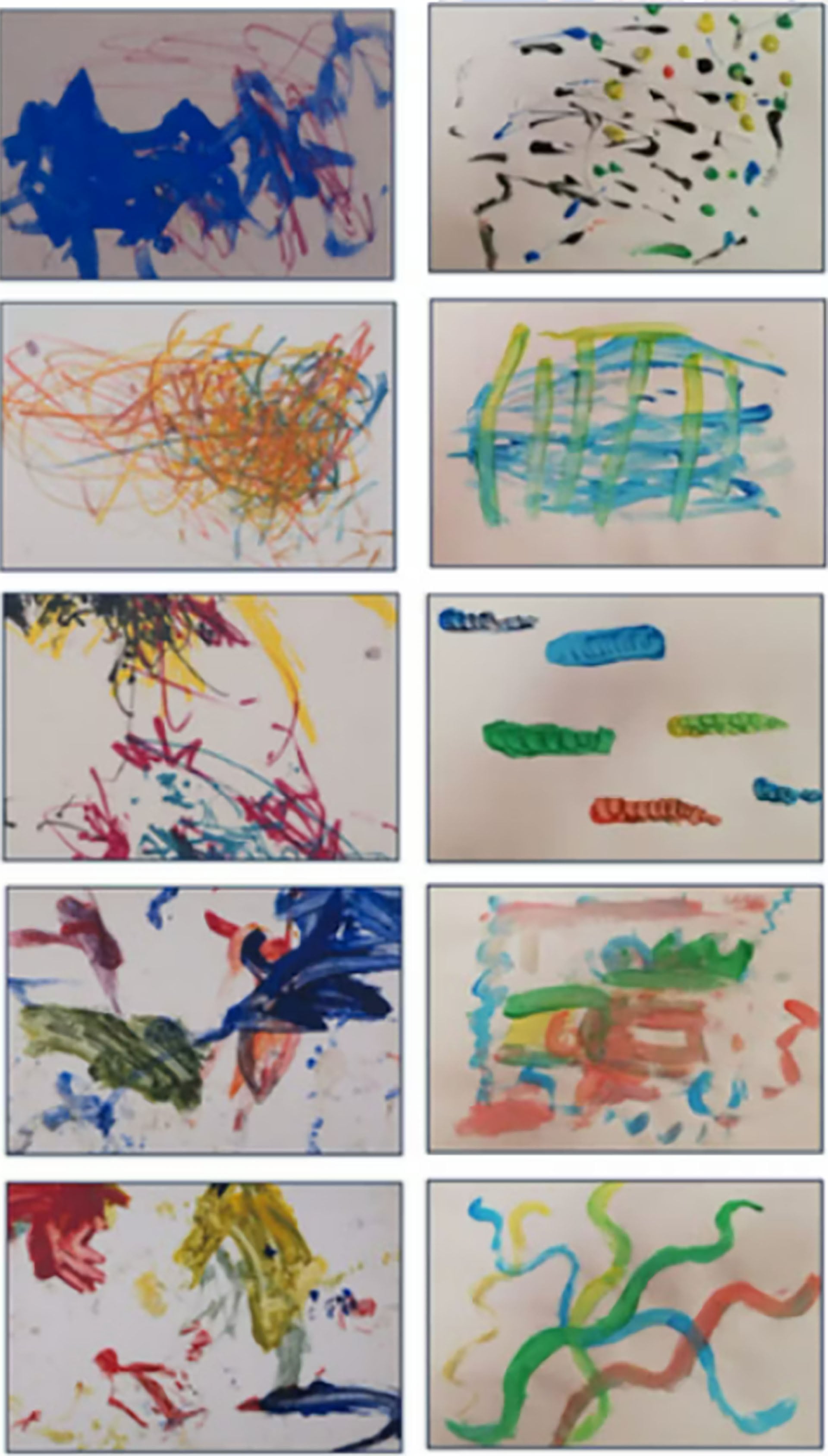 A la izquierda, obras hechas por chimpancés, parte de la colección Schretlen. A la derecha, obras hechas por personas sin entrenamiento formal (Larissa M. Straffon, Juan O. Perea-García, Tijmen den Blaauwen, Mariska E. Kret, CC BY)