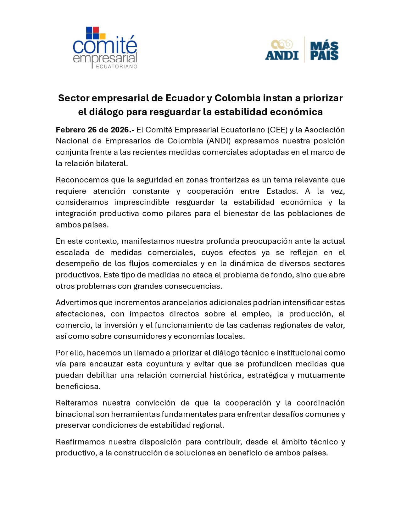 Empresarios de Ecuador y Colombia hicieron llamado al diálogo entre los Gobiernos de cada país - crédito Andi