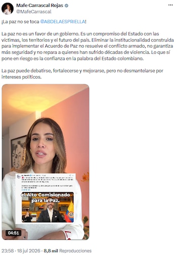 Mafe Carrascal denunció intento de desmontar organismos clave del acuerdo de paz - crédito @MafeCarrascal/X