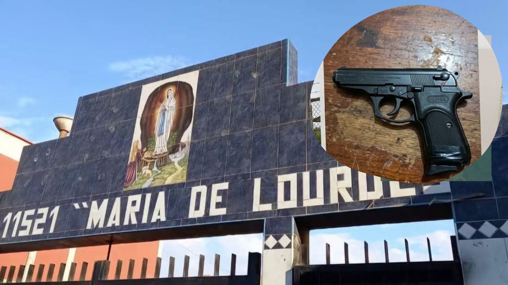 La entrada de la institución educativa María de Lourdes aparece junto a la imagen de una pistola decomisada a un menor de edad. (Infobae Perú)