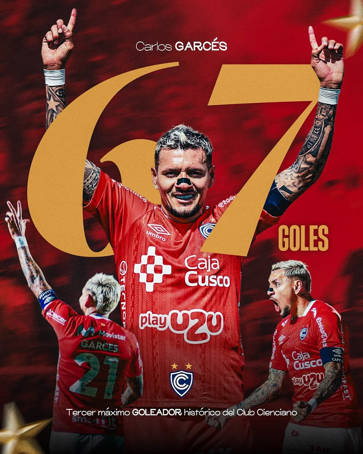 Cienciano dedicó publicación a Carlos Garcés por convertirse en tercer máximo goleador histórico del club. Crédito: Instagram Cienciano.