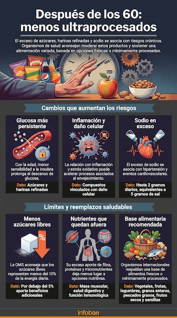 Infografía con texto, una mano que aleja productos empaquetados frente a frutas y frutos secos, e ilustraciones sobre salud y nutrición.