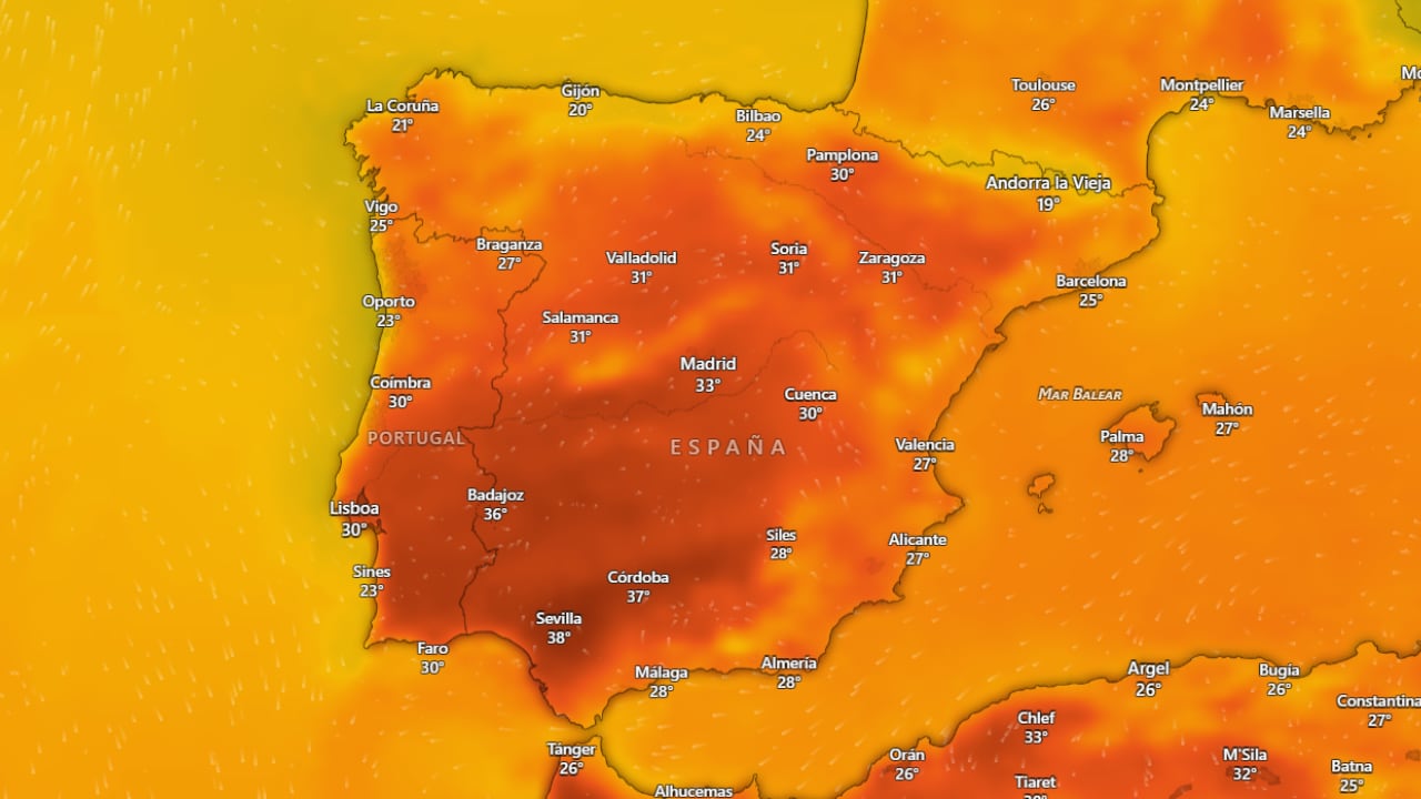 Mapa de las temperaturas en España el sábado 26 de septiembre de 2026. (Windy)