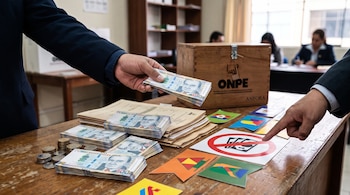 Una mano entrega un fajo de billetes de cien soles sobre una mesa junto a una caja de madera de la ONPE y un cartel de prohibición de dinero.