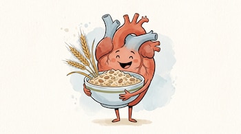 Dibujo de un corazón anatómico sonriente que sostiene un plato con avena y espigas de trigo.