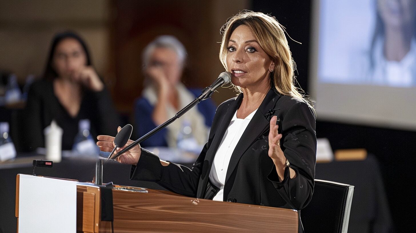 Mujer latina presentando un discurso apasionado ante una audiencia en una conferenica - (Imagen Ilustrativa Infobae)