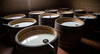 Múltiples barriles de madera abiertos llenos de un líquido blanco, con cucharones metálicos sumergidos, en un cuarto de paredes de ladrillo.