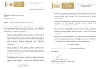 El documento pide reportes sobre posibles participaciones de funcionarios en eventos políticos o campañas electorales, así como soportes de comisiones de servicio y viáticos - crédito @senadormotoa/X