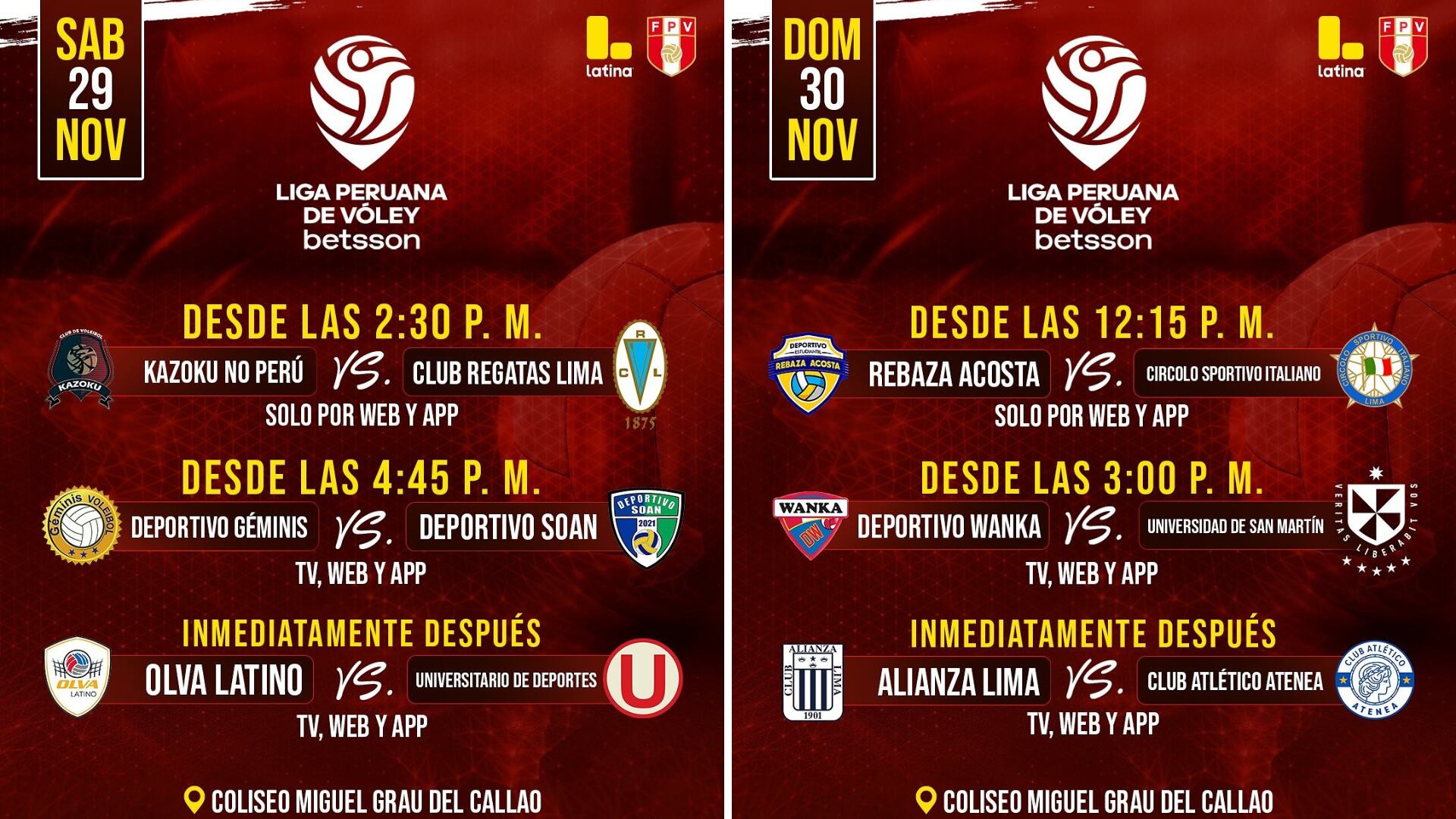 Programación de la fecha 6 de la Fase 1 de la Liga Peruana de Vóley 2025/26. Crédito: Latina