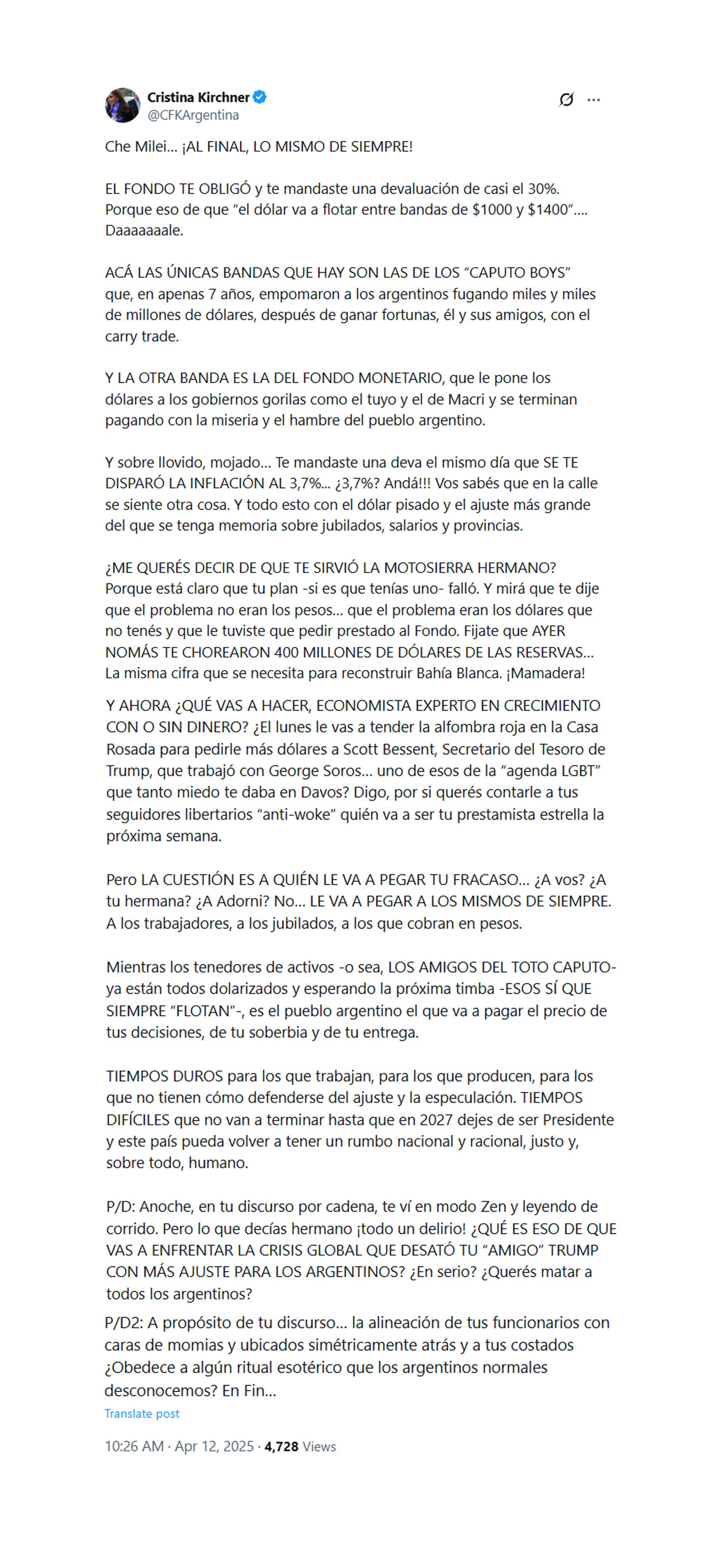 El posteo de Cristina Kirchner en la red social X