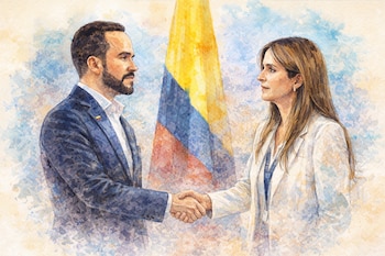 Ilustración en acuarela de Abelardo de la Espriella y Paloma Valencia dándose la mano frente a la bandera de Colombia.