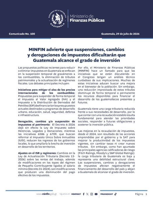 El MINFIN sostuvo que la baja carga tributaria de Guatemala limita la inversión pública y debilita la estabilidad fiscal. (MINFIN)