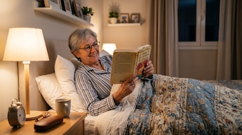 Una mujer con pijama de rayas lee un libro recostada en la cama, junto a una mesa de noche con lámpara encendida y un reloj despertador.