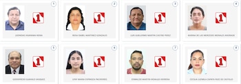 Panel con ocho retratos tipo carné de hombres y mujeres, identificados con sus nombres completos y el logo rojo con el número 1