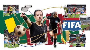 Collage digital de las árbitras Katia Itzel García y Sandra Elizabeth Ramírez Alemán con elementos de fútbol: silbato, tarjeta amarilla, balón, logo FIFA y trofeos.