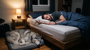 Un hombre duerme acostado en una cama y un perro husky reposa acostado en una cama para mascotas junto a él, al lado de una lámpara encendida.