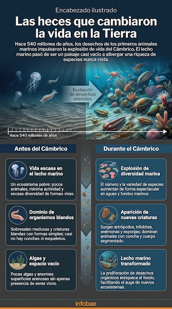Infografía comparativa muestra la evolución de la vida marina del ecosistema escaso antes del Cámbrico a la diversidad biológica durante el Cámbrico.