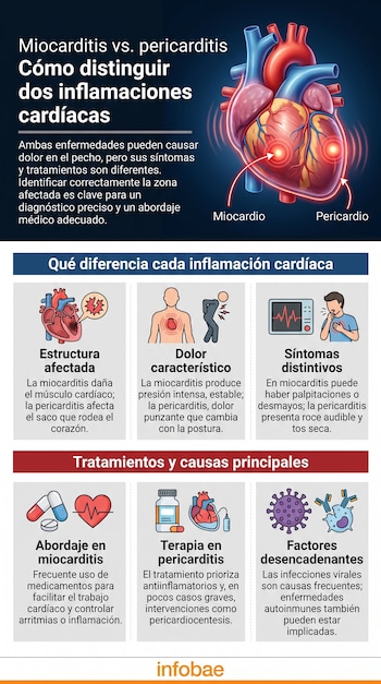 Infografía sobre miocarditis y pericarditis, con ilustración de un corazón humano, iconos de síntomas y tratamientos, y texto explicativo.