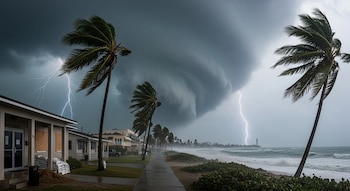 Costa azotada por una tormenta con cielo oscuro, nubes amenazantes y múltiples rayos. Palmeras se inclinan por el viento, olas intensas rompen en la orilla. Edificios con sacos de arena y ventanas tapiadas.