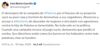 Lina María Garrido rechazó señalamientos contra Abelardo de la Espriella y criticó estrategia de la campaña de Paloma Valencia - crédito @linamariagarri1/X
