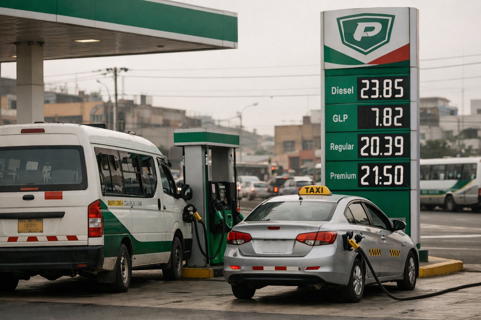 Vehículos de transporte público y taxis repostan combustible en una estación de servicio en Lima, Perú, con los precios elevados de diésel, GLP y gasolina claramente visibles en el surtidor. (Imagen Ilustrativa Infobae)