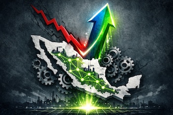 Mapa de México con engranajes, una línea descendente roja y una flecha ascendente verde y azul. Hay edificios industriales y luces verdes conectadas.