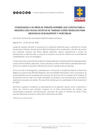 Tras cumplir la condena, Montilla Baquero será expulsado de Colombia por decisión judicial, debido a su nacionalidad venezolana - crédito prensa Fiscalía