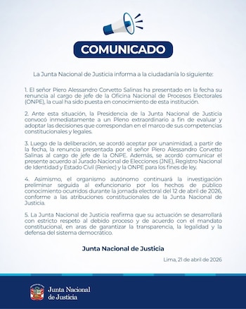 Comunicado de la JNJ sobre Piero Corvetto