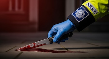 Mano enguantada de azul de policía de Manchester sostiene cuchillo ensangrentado en el pavimento junto a un charco de sangre.