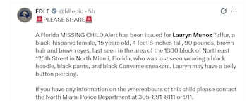 El FDLE emitió una alerta oficial de menor desaparecida, difundiendo su descripción física y la última ubicación conocida en North Miami - crédito @fdlepio/X