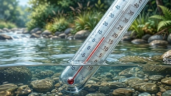Primer plano de un termómetro grande parcialmente sumergido en un río de agua clara, con la escala visible y gotas de agua en su superficie