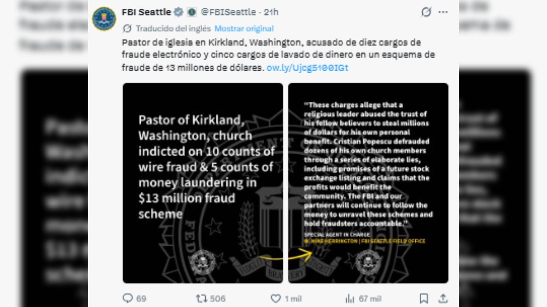Una publicación del FBI de Seattle en redes sociales comunica la imputación contra un pastor en Washington por cargos de fraude y lavado de dinero. (FBI)