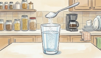 Ilustración de dibujos animados de una cuchara vertiendo gránulos blancos en un vaso de agua sobre una encimera de cocina, con estantes y electrodomésticos