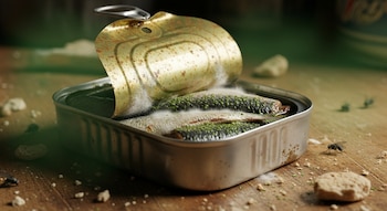 Una lata de sardinas abierta sobre una mesa de madera. Los pescados dentro de la lata están cubiertos de moho blanco y verde. Hay migas y moscas alrededor.
