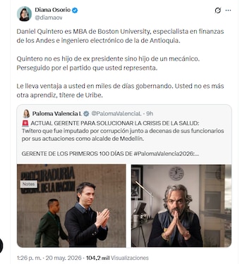 Diana Osorio, pareja de Daniel Quintero, respaldó el nombramiento de Daniel Quintero como superintendente - crédito @diamaov/X