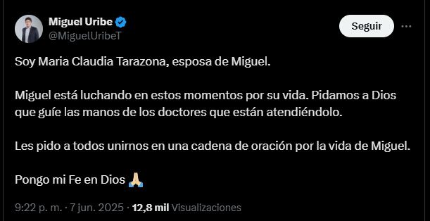 Familia de Miguel Uribe se pronunció vía redes sociales - crédito @MiguelUribeT/X