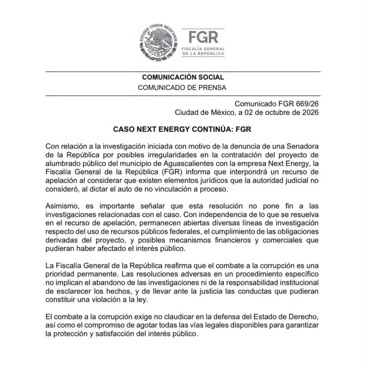 Comunicado de la Fiscalía Federal tras la no vinculación a proceso del caso Next Energy. Crédito: FGR