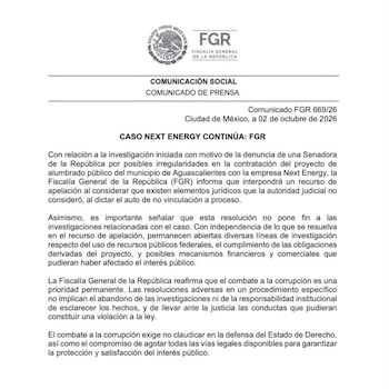 Comunicado de la Fiscalía Federal tras la no vinculación a proceso del caso Next Energy. Crédito: FGR