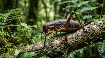 Un insecto grande de color marrón con antenas largas está sobre una rama con musgo rodeada de helechos.