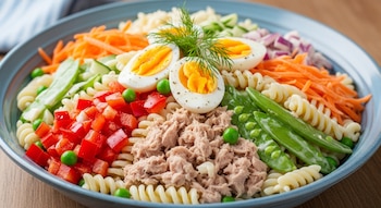 Primer plano de una ensalada de pasta con atún, morrón rojo en cubos, zanahoria rallada, arvejas verdes, vainas de arveja y huevos duros cortados.