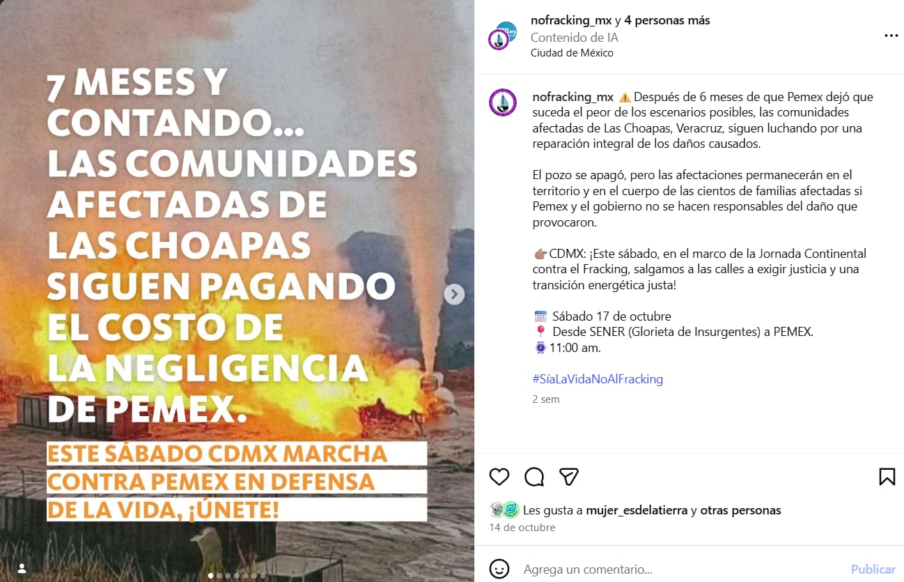 Una publicación de la Alianza Mexicana Contra el Fracking convoca a una marcha en Ciudad de México por los daños ambientales causados por el pozo Krem-1 en Las Choapas, Veracruz. (nofraking_mx)