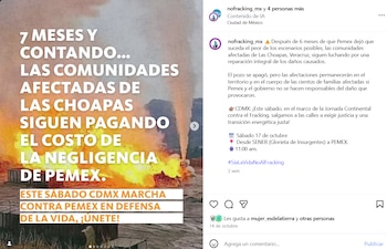 Captura de una publicación de redes sociales con la imagen de un incendio petrolero y textos sobre una movilización contra Pemex