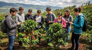 Siete estudiantes jóvenes examinan plantas de café con frutos maduros e inmaduros en un cafetal colombiano, utilizando tabletas y sensores. Montañas verdes al fondo.