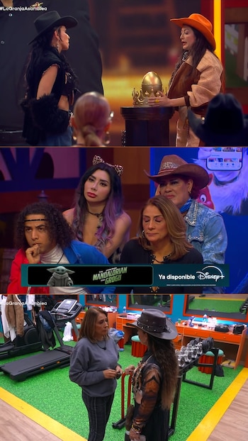 Tres tomas de un programa de televisión con participantes vestidos con sombreros de vaquero en una escenografía y en un gimnasio