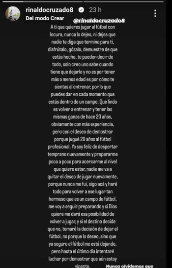 Mensaje de Rinaldo Cruzado sobre si sigue o no jugando al fútbol profesional.