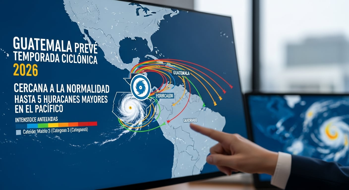 Una pantalla muestra el pronóstico de la temporada ciclónica 2026 para Guatemala, indicando rutas y hasta cinco huracanes mayores en el Pacífico, con una mano señalando la información. (Imagen Ilustrativa Infobae)