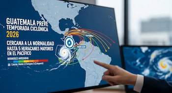 Mano señalando una pantalla de computadora que muestra un mapa de Centroamérica y el Pacífico con rutas de huracanes y el pronóstico ciclónico 2026 para Guatemala.