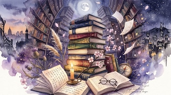 Pila de libros, vela, gafas, brújula, manuscritos con caligrafía coreana y española, ramas de cerezo, hierba de la Pampa, cardos, paisajes de Buenos Aires y Seúl.