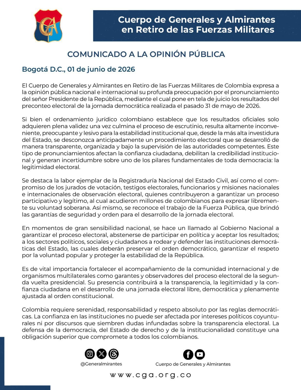 El comunicado de los generales y almirantes en retiro advierte sobre la importancia de respetar los procesos institucionales y fortalecer la confianza ciudadana en las elecciones. - crédito Cuerpo de Generales y Almirantes